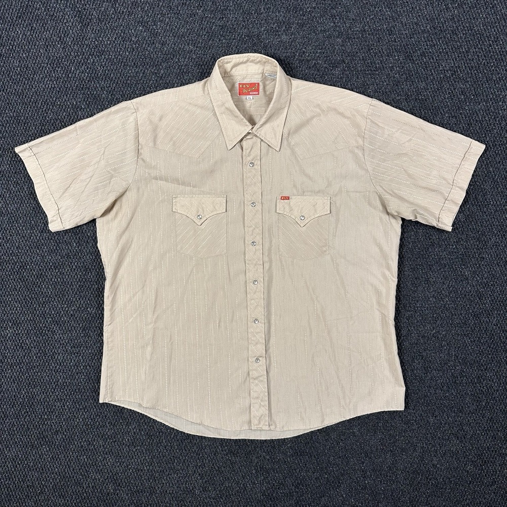 Vintage Ely Plains Western Pearl Snap Shirt Mens 17.5 (XL) Beige Dobby Stripe